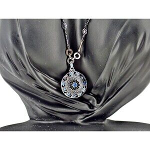 Statement Black Gunmetal Chain Link Blue Crystal Drop Pendant Necklace 18"